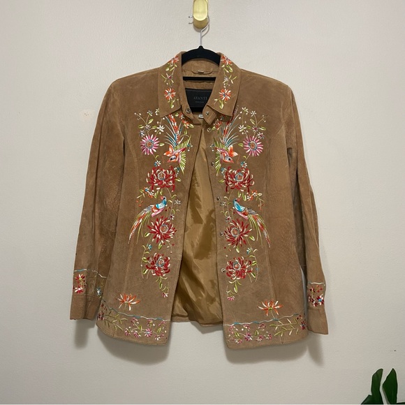 Avanti Jackets & Blazers - Vintage Avanti Embroidered Floral Brown Suede Leather Button Up Jacket